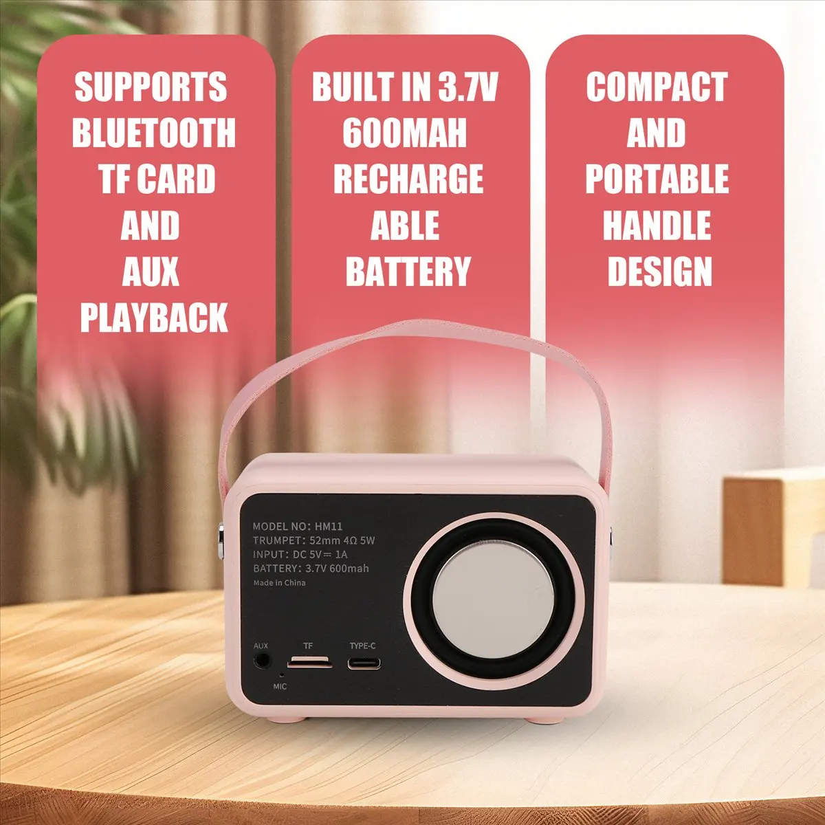 

*ONE DAY Bluetooth-динамик Портативный звуковой динамик Музыкальное беспроводное радио FM Mini Blootooth Audio Розовый