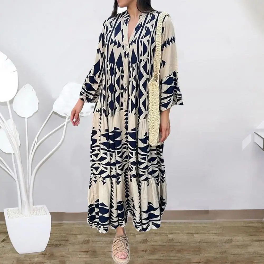 

Fall Spring Women Dress Stand Collar Color Matching Printed Bohemian Single-breasted Pleated Patchwork A-line Loose Maxi Dress