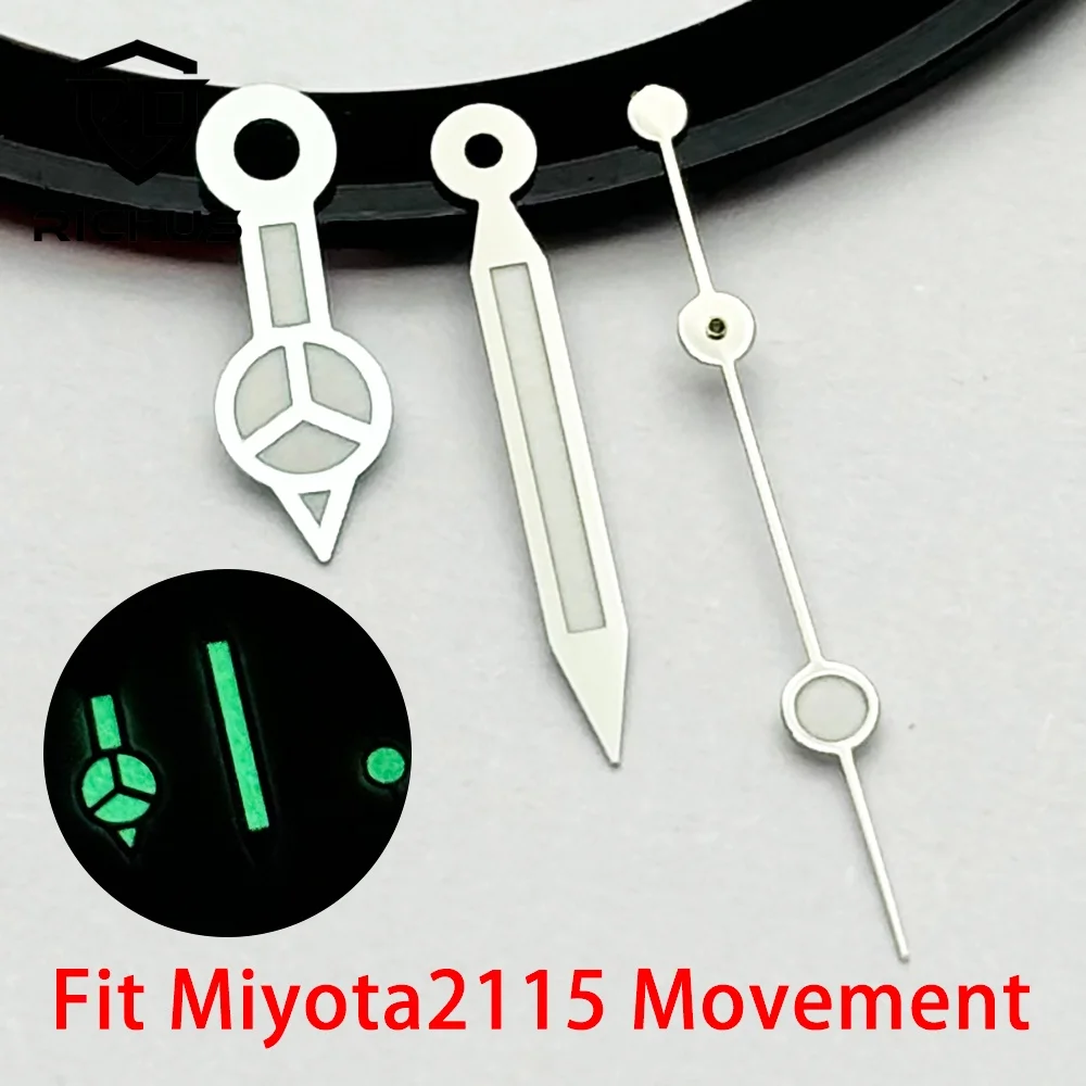RICHUS Silver Watch Hands with Green Luminous for Miyota 2115 Movement Compatible Replacement Parts for Watch Accessories