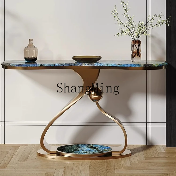 

CL modern villa foyer end view table against the wall art light luxury stainless steel luxury stone marble entrance table