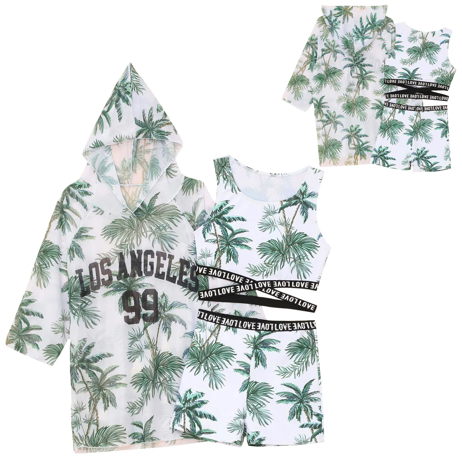 

Kids Girls Swim Sets Three Pieces Swimsuit Tropical Print Tank Top with Shorts and Cover Up Bathing Suits Summer Beach Swimwear