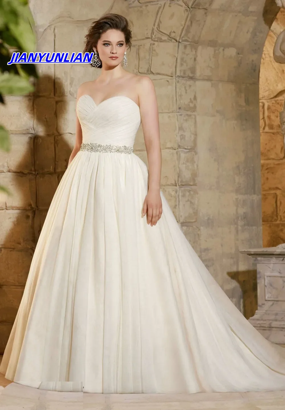 

Customized Sweetheart Tulle Wedding Dresses Crystal Sashes Pleat Formal Evening Party Bridal Gowns Mesh Prom Vestido De Novia