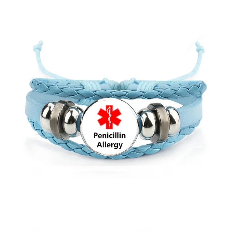 Colorful Penicillin Bracelet for Girls Boys Bee Milk Peanut Allergy Medical Alert Type 2 Diabetes Glass Leather Bangles Jewelry