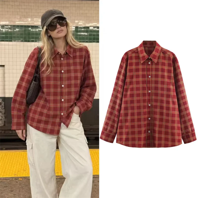 Guobioziy 2026 Women's Shirt Autumn/Winter New Red Plaid Long Sleeve Loose Simple Cardigan Jacket Casual Fashion Relaxed