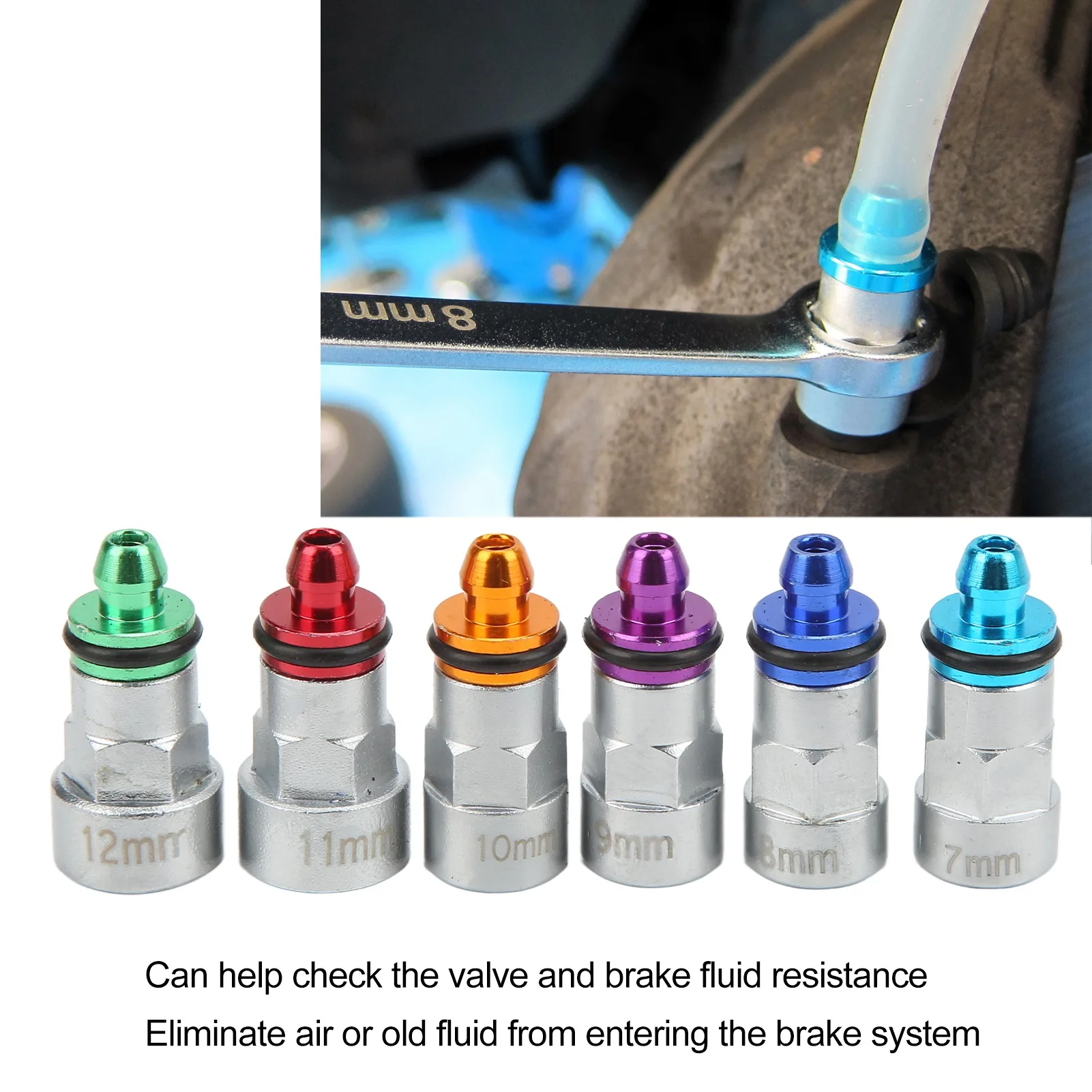 

Brake Bleeder Wrench Kit Metal Rubber 7‑12mm 6 Adapters 1 Drain Hose Universal for Car SUV Light Truck Motorcycle