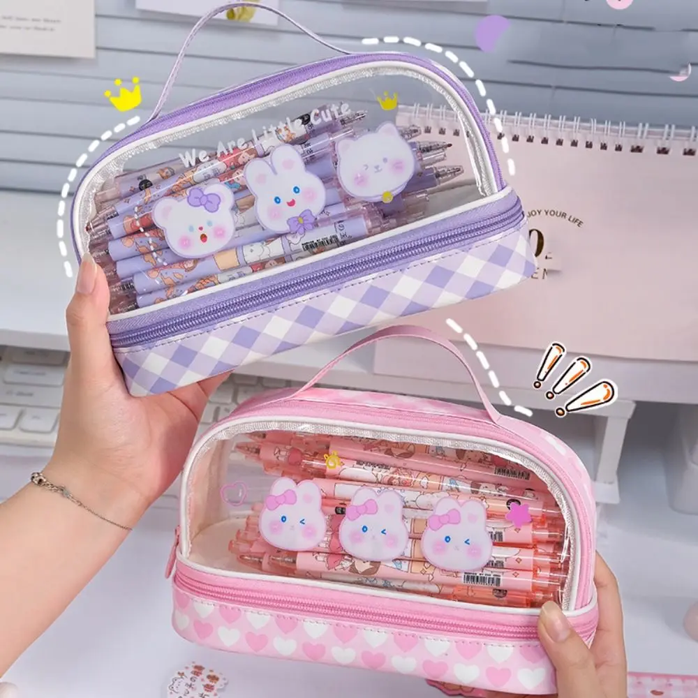 PU Cartoon Pencil Bag Cartoon Bear Chessboard Pattern Transparent Stationery Bag Korean Style Transparent
