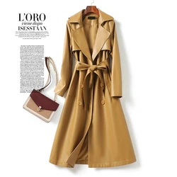 Chic Ladies cintura doppiopetto con lacci Trench in vera pelle 2023 autunno inverno donna di media lunghezza capispalla in vera pelle di pecora