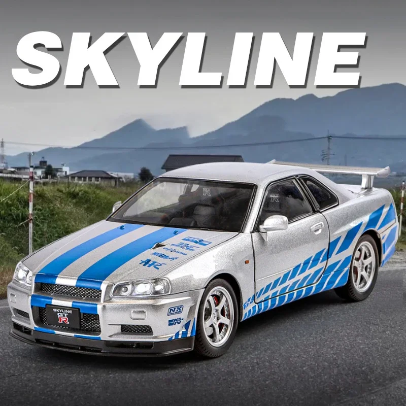 1:24 Nissan GTR R34 Skylin Fast & Furious Alloy Car Model Sound and Light Pull Back Children\'s Toy Collectibles Birthday gift