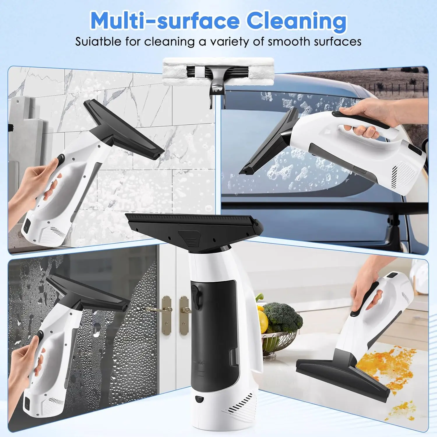 Window Vacuum Squeegee Cordless, Handheld Window Vac with Multi-Purpose Spray Bottle & Microfiber Cloth, Electric Cleaning Tool