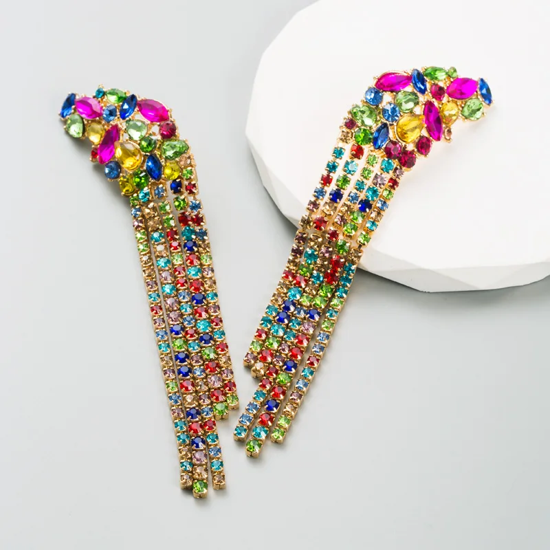 ins Exaggerated long earrings Alloy gold inlaid stained glass Diamond claw chain earrings Banquet party