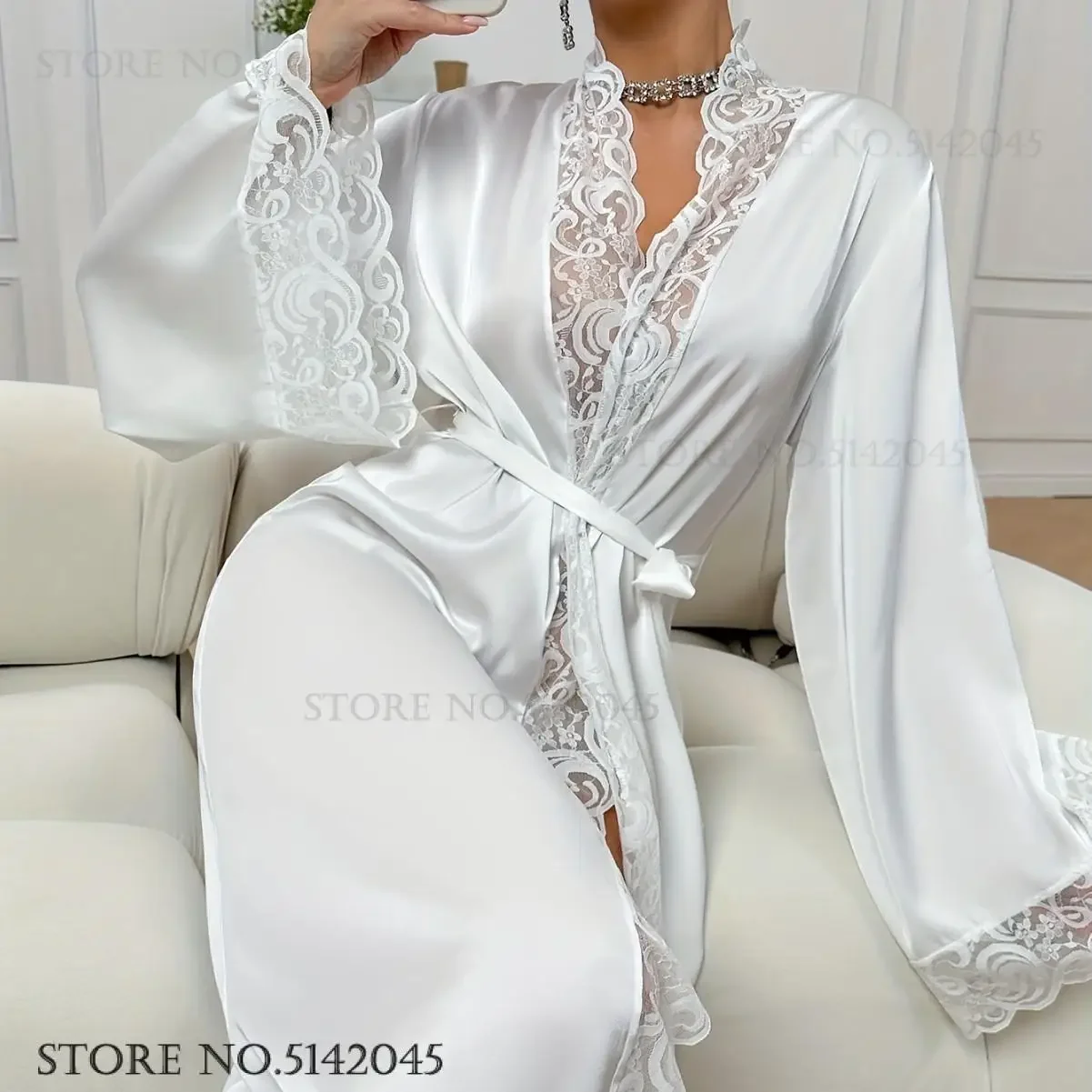 

Elegant White Lace Bride Wedding Robe Negligee Spring Summer Women Sleepwear Home Dress Loose Casual Nightgown Loungewear Pajama