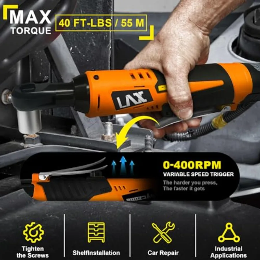 Juego de llaves de trinquete eléctricas inalámbricas, Kit de herramientas de trinquete eléctrico de 3, 8, 12V con velocidad de 400 RPM, 40 pies de torsión, cargador de 60 minutos, 7 enchufes