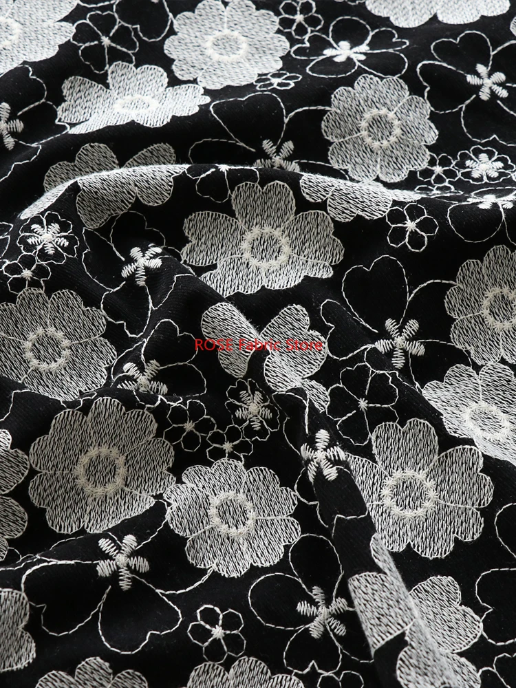 White Flower Embroidered Black Corduroy Fabric for Spring Jackets, Shirts, Dresses, and Children's Clothing DIY Sewing Projects