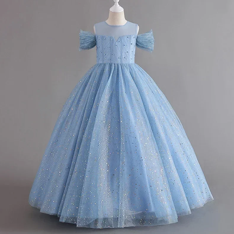 5-14 year old children's fashion off shoulder puffy dress Halloween banquet host  dress Girls' sequin pearl princess dress