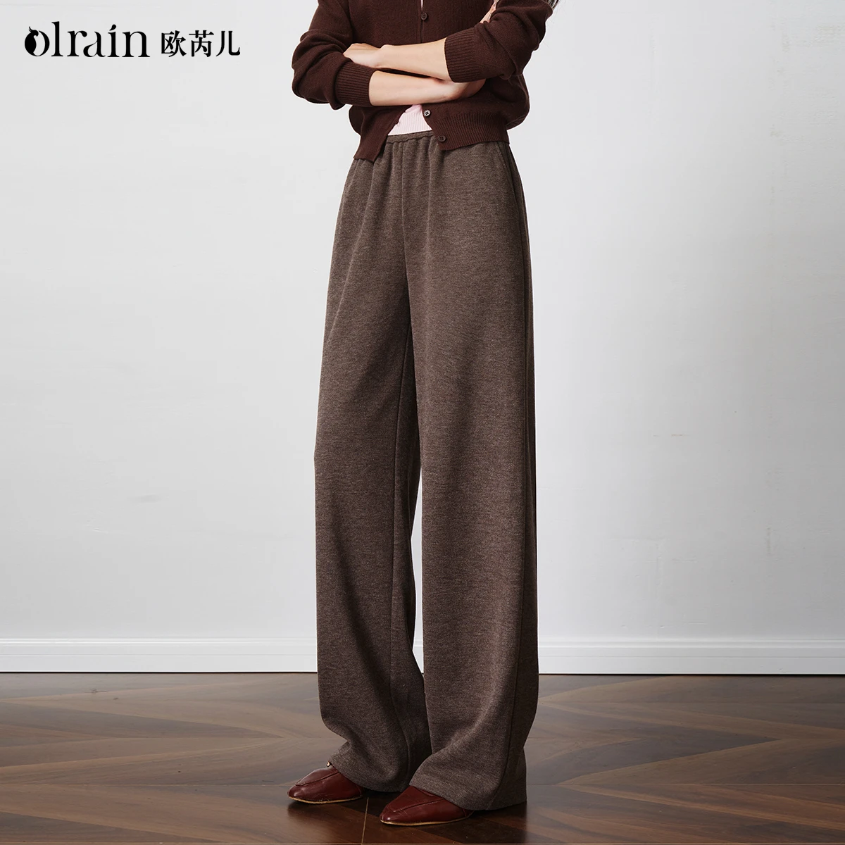 OLrain pants women's clothing 2026 autumn and winter new coffee color thickened warm elastic waist casual lo O58QK001398