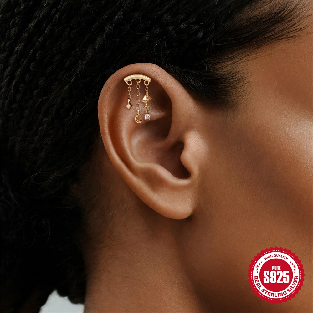 

Boako 925 Sterling Silver Tassel Chain Moon/Star/bell Stud Earring For Woman 18K Gold flat back thread Piercing Party Jewelry