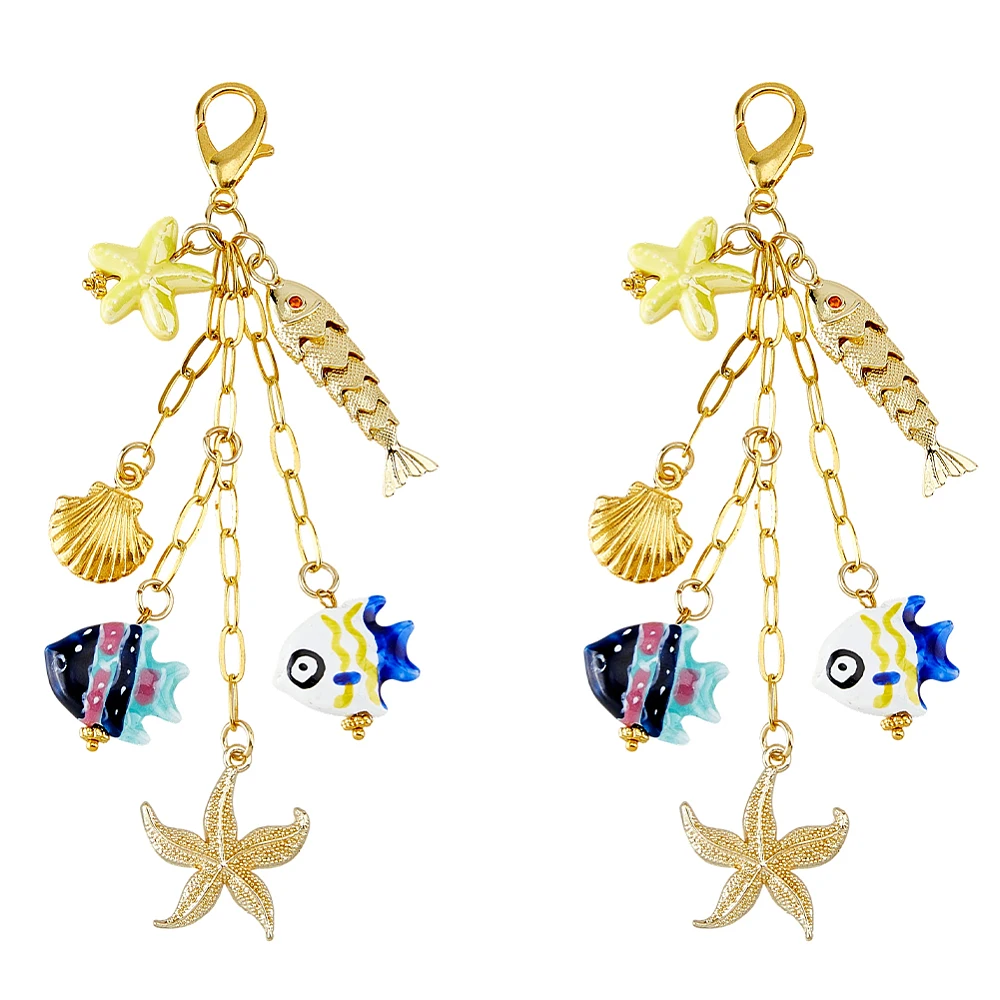 2Pcs Golden Sea Purse Keychains Summer Seashell Starfish Charm Keychain Women's Shell Beach Keychain for Key Purse Backpack
