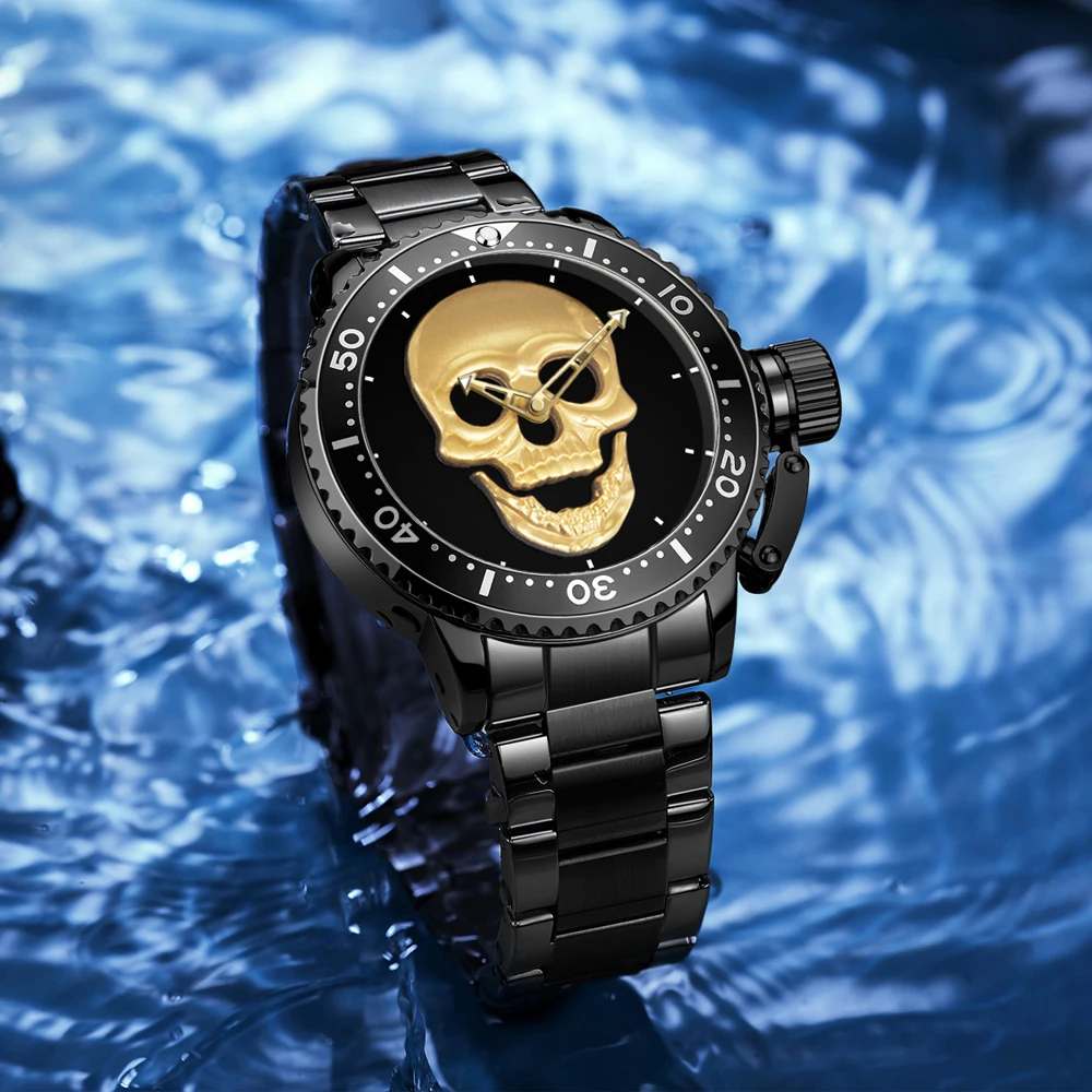 WWOOR Luxury Men Watch Waterproof Luminous Date Stainless Steel Watch for Men Skull Quartz Military Sports Men's Watches Reloj