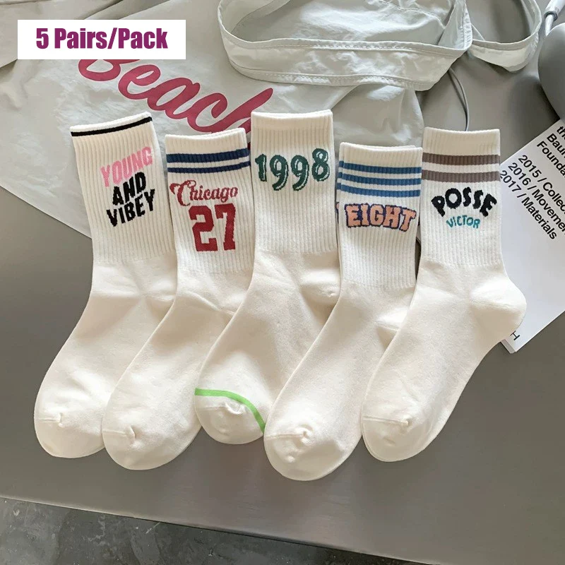 5 Pairs Women's Fashion Socks New Girls Street Casual Crew Socks Breathable Letter Trendy Daily Comfy Cotton Socks Long Socks