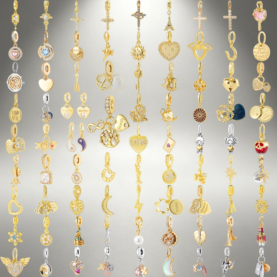 Oferta Imperdível: Berloque Banhado a Ouro Compatível com Pulseira Original, Berloque Pendente de Zircônia em Formato de Coração, Cruz, Lua e Sol para Mulheres, Presentes para Criação de Joias DIY