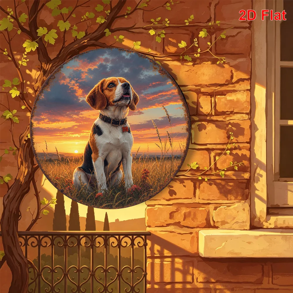 2D Flat 1pc Beagle Dog Pattern Metal Tag Sign Round Decorative Painting, Size (7.87In X 7.87In / 20Cm X 20Cm), Suitable for Room