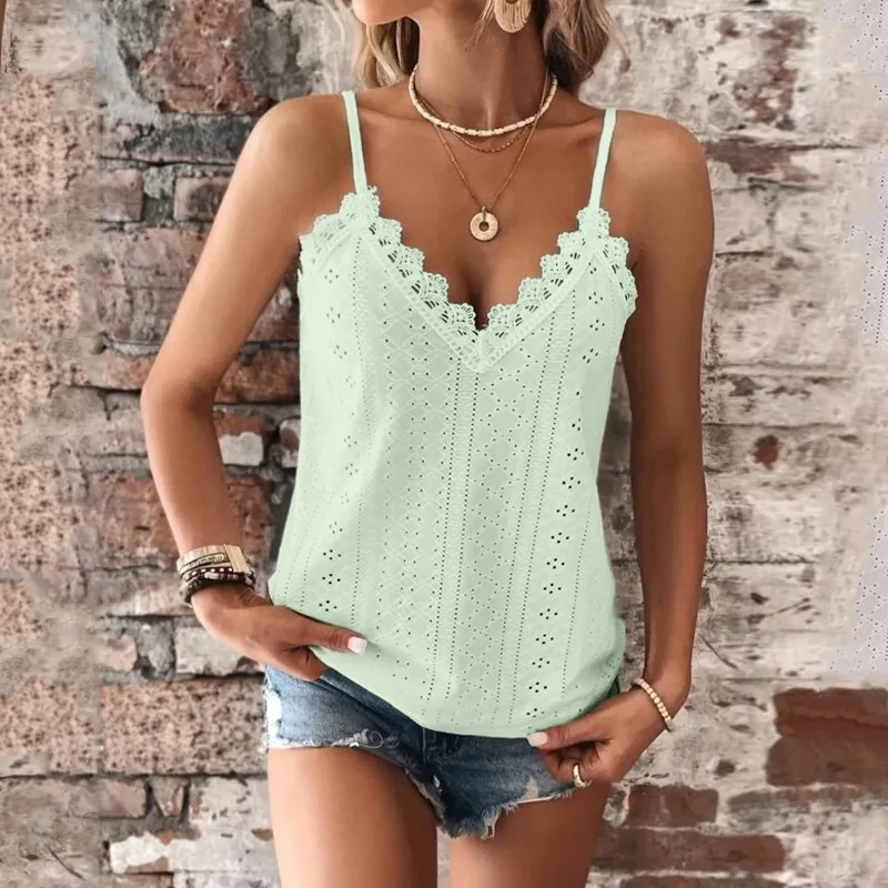 Summer Women's Fashion Sexy V-neck Lace Camisole Casual Loose Solid Color Top Can Be Worn As An Inner Layer Or As A Single Top