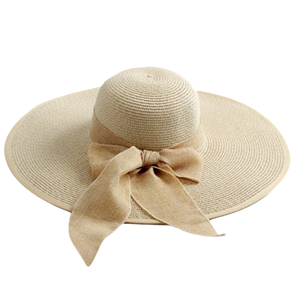 Womens Big Bowknot Straw Hat Floppy Foldable Roll Up Beach Cap Sun Hat Beige