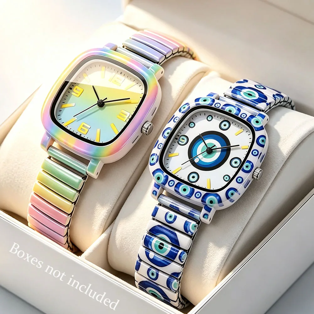 2‑Piece Square Quartz Watches with Floral Print, Elastic Adjustable Straps, Vintage Floral Wristwatches, Gift for Girlfriend