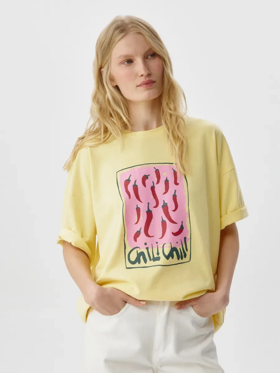 Vintage Lemon Salt And Pepper Print Loose Short Sleeve T-Shirt Women's Street Style Cotton Casual Summer Top Yellow Color