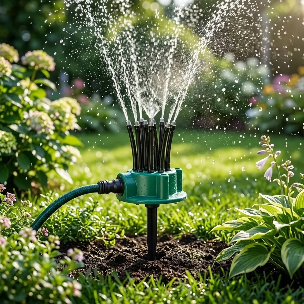 Multi Position Lawn Sprinkler with 360 Degree Rotation and 12 Adjustable Nozzles Designed for Efficient Outdoor Water Management