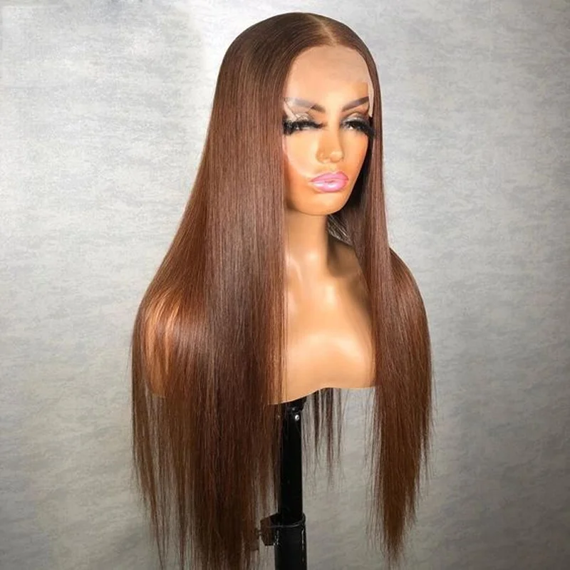 Brown Soft Preplucked Soft 26“Long Straight 180Density Lace Front Wig Synthetic For Women Heat Resistant Glueless