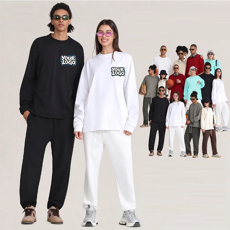 Custom Logo Autumn Unisex 100% Cotton Round Neck Long Sleeve Tops Drop Shoulder Loose Shirts For Daily Wear And Outdoor Trip