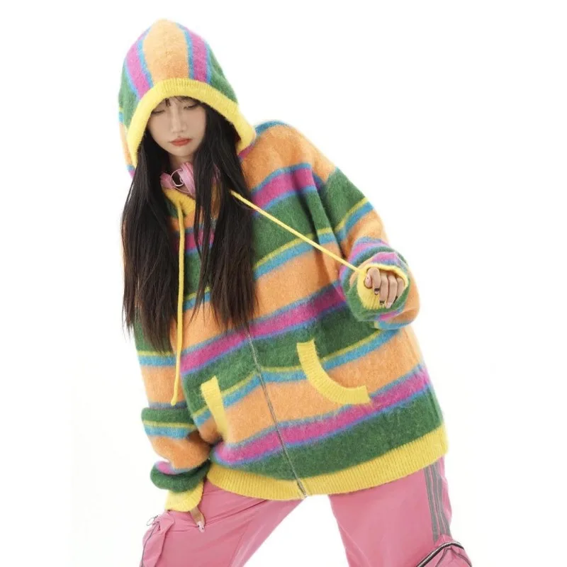 

American Vintage Rainbow Stripe Knitted Sweater Cardigan Women Dopamine Colored Autumn/Winter Hooded Coat Sweater Female Tops