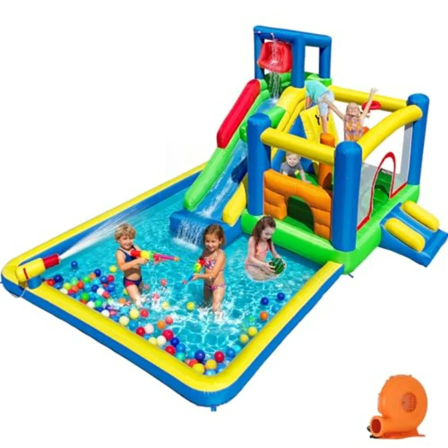 

Backyard water park inflatable slide bounce house, PVC material, blue and yellow, 10-in-1 design with splash pool, long slide,