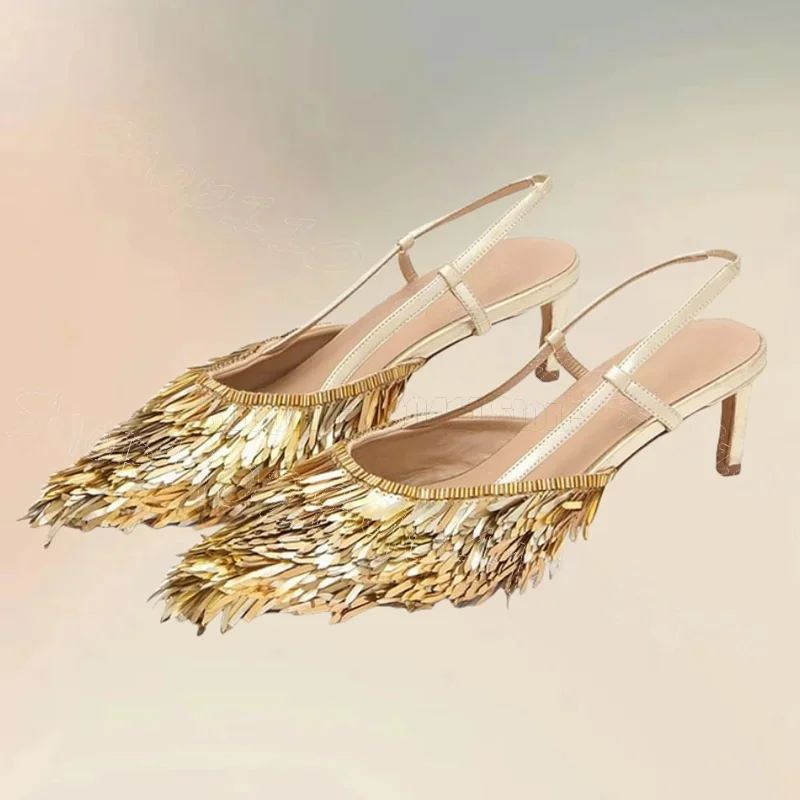 

Gold Tassels Pointed Toe Hollow Cut Heel Sandals Slip On Women Shoes Thin High Heels New Party Banquet 2025 Zapatos Para Mujere