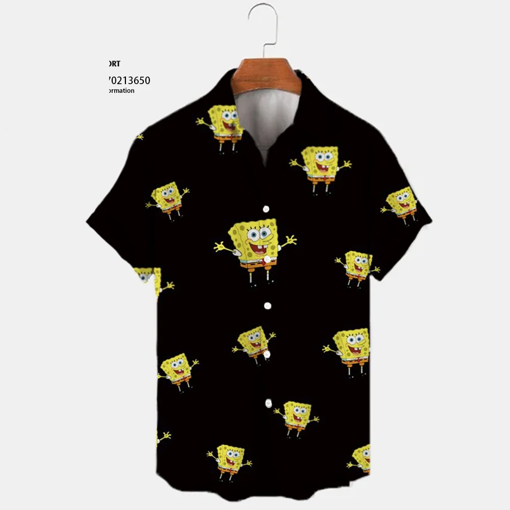 Men\'s Lapel Short Sleeve Single Breasted Shirt Summer Spongebob Pattern Print New Harajuku Casual Street Trend Versatile Top