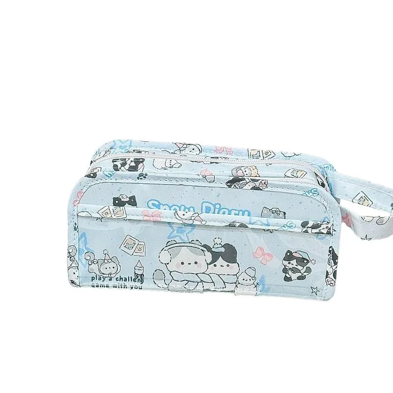 Lovely Illustrated Cat Big Capacity Pencil Bag Multi-floor Student Writing Tool Case Cosmetic Storage Satchel