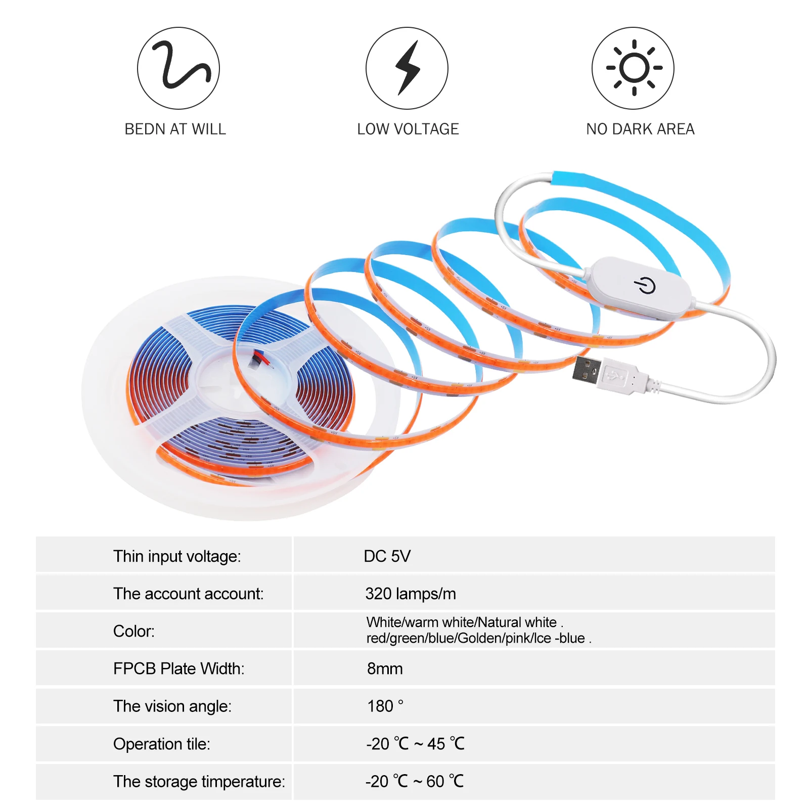 Dimmable USB COB LED Lights With Touch Sensor RA90 Flex Adhesive Tape 5V 320LEDs/M White/Blue/Red/Green Backlight Night Lighting