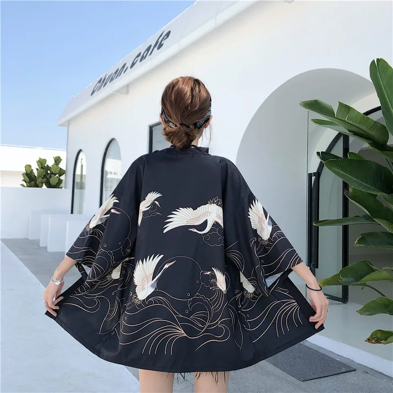 Japanese Retro Artistic Style Improved Crane Print Feathered Kimono Cardigan, Loose and Versatile for Everyday Wear, Spring and Summer Sun Protection Thin Jacket