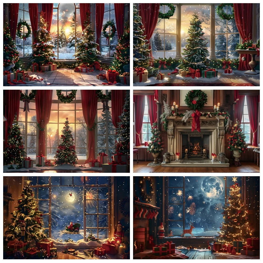 

Рождественский фон для фотосъемки, зимняя рождественская елка, камин, подарки, красный занавес, окно, Санта-Клаус, детский фон для фото на день рождения