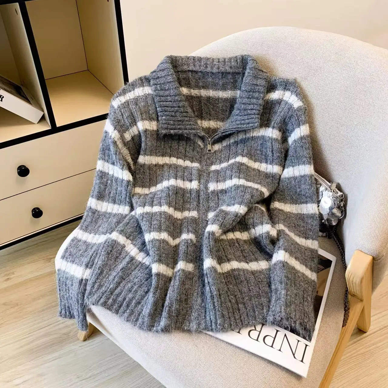 الرجعية كسول Sle فضفاض مخطط سترة مشغولة من الصوف معطف الصوف الناعم العصرية ربيع الخريف الشتاء المرأة مستقيم أنبوب سترة