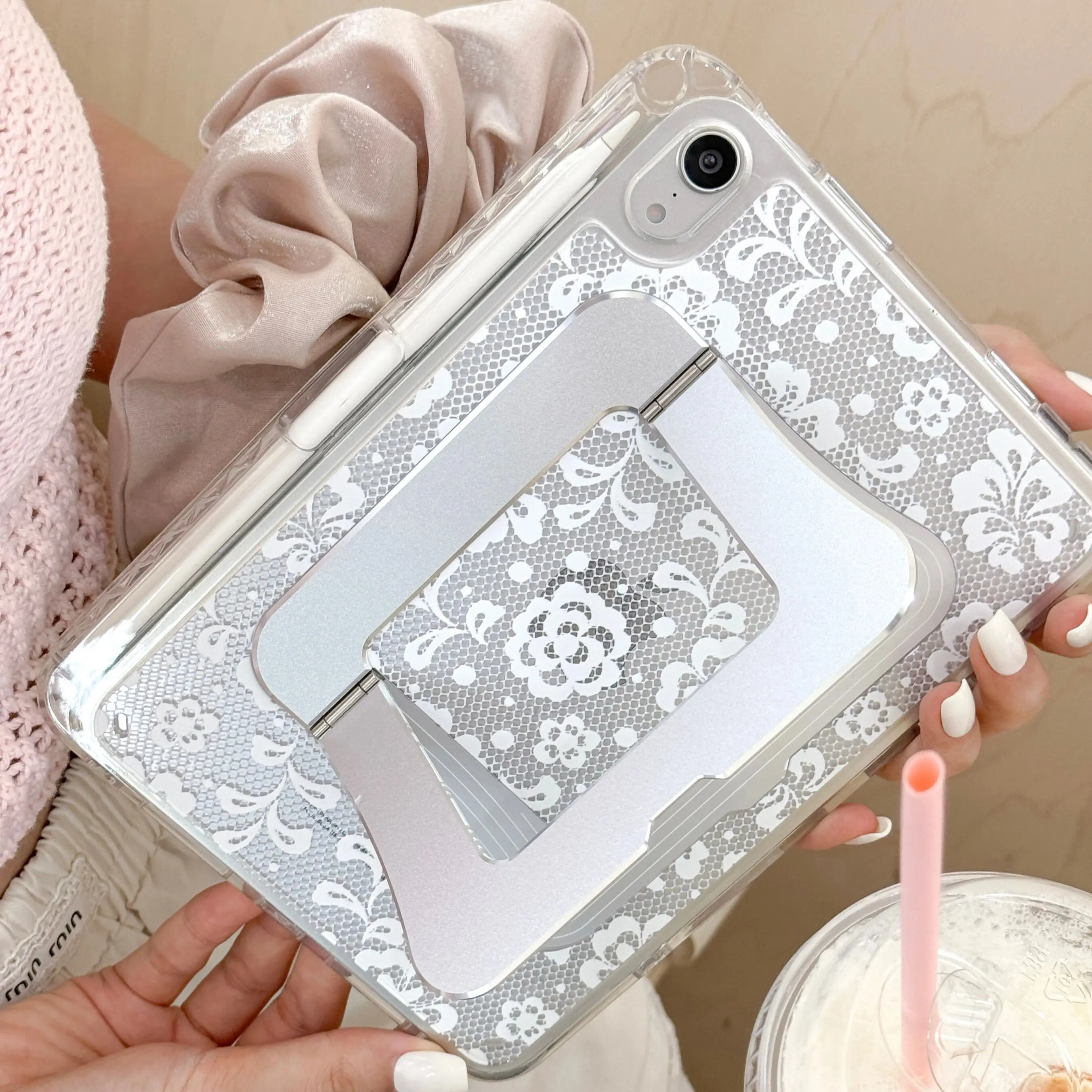 Lace Flower For IPad 10/11/12th Air 4/5 8 Mini 6/7 Pro11 13 Acrylic Shockproof Stand Case Multi-Angle Transparent Clear Cover