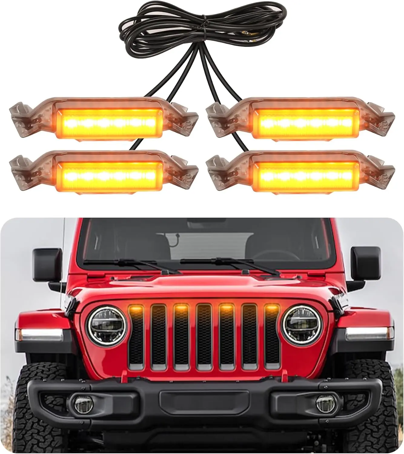 4Pcs/set Warm Led lights fit for 2018-2023 Jeep Wranger JL Jlu sport front Racing GrilleLED Grille Light Yellow Amber Lights
