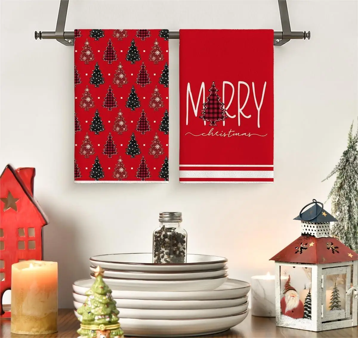 2Pcs, Christmas Plaid Pine Shadow Kitchen Towels, 40Cm*60Cm Towel Set, Super Absorbent Soft Cleaning Cloth, Cooking and Baking Tea Towel, Tea Towel, Hand Towel, Cleaning Cloth, Dishcloth, Kitchen Decoration, Living Room Decoration, Kitchen Essentials, Home Essentials
