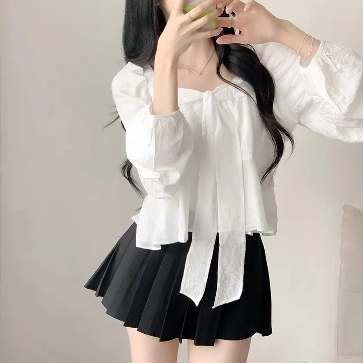 Chic Women's Chiffon irt Spring Autumn Bow Tie Gentle Sweet Anti Aging  Color Square Collar Long Sve ort Top