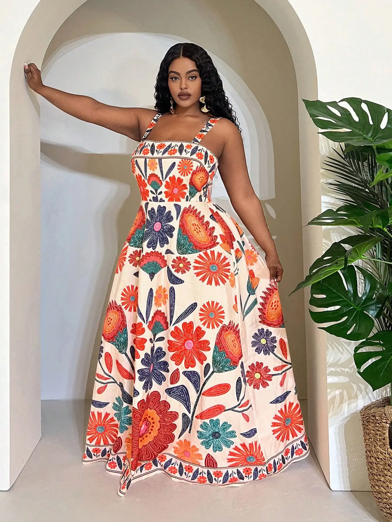 

Платье повседневное без рукавов с цветочным принтом, А-силуэт, с присборенной талией, больших размеров, для отпуска, весна-лето