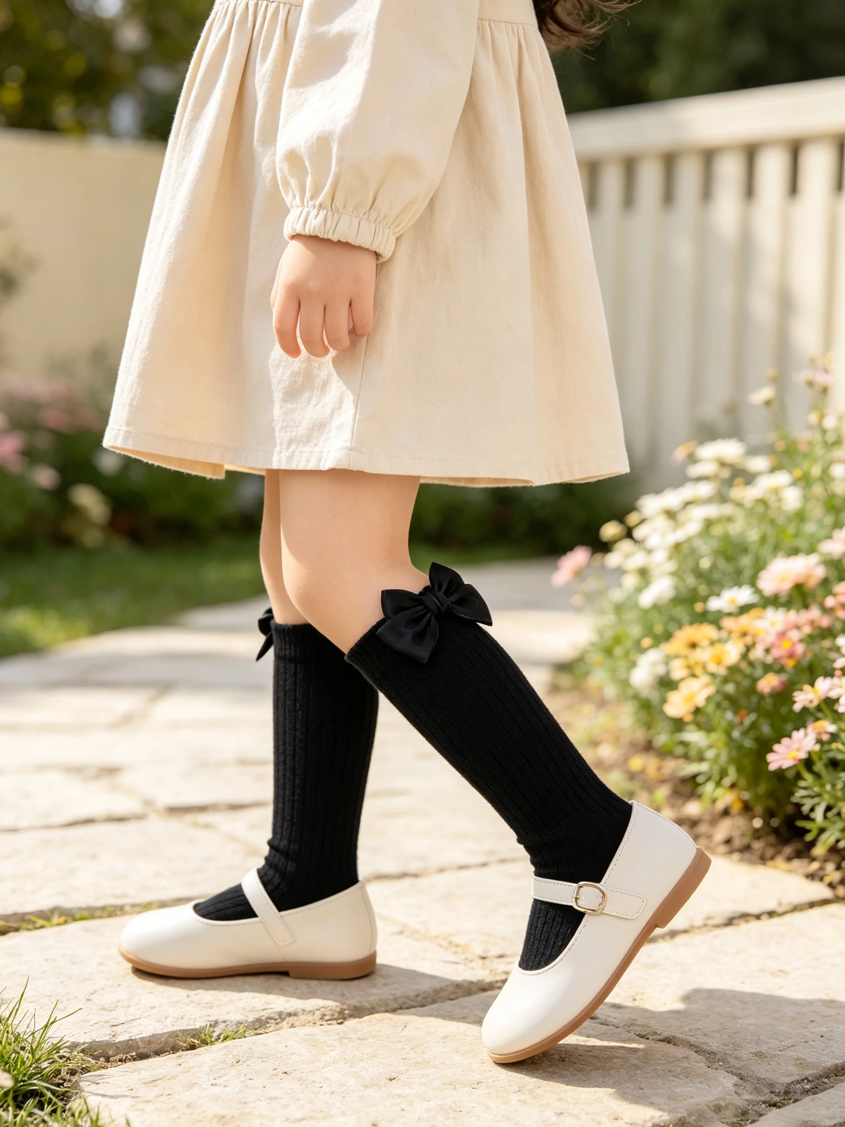 3Pcs Cute Big Bow Girls Knee‑High Socks Solid Vertical Stripe Soft Stretchy Straight Socks All‑Season Daily Party Dress Outfit