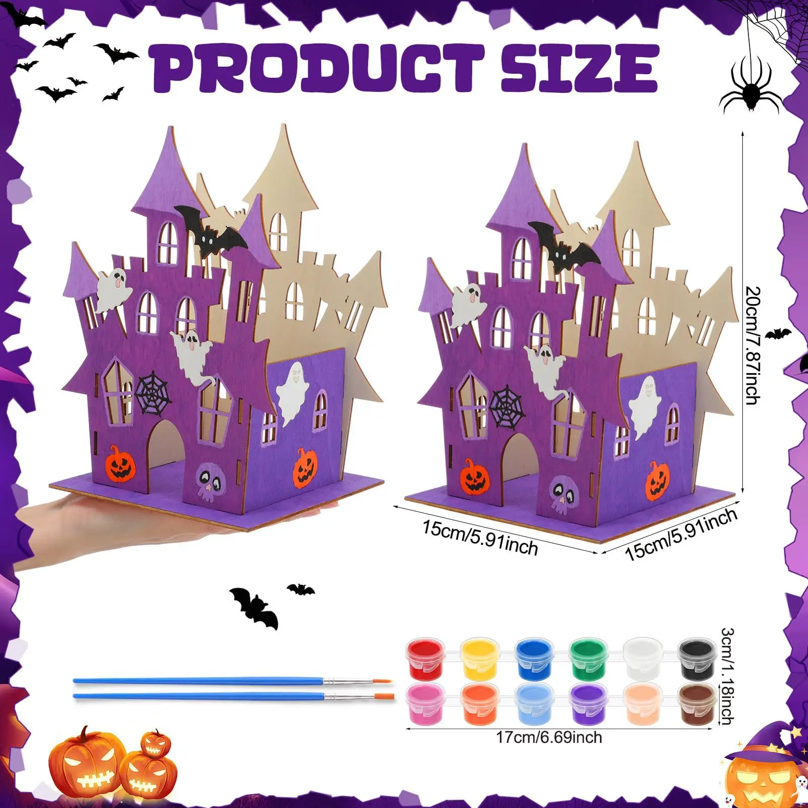 Halloween Wooden Castle House Craft Kits DIY Unfinished Wood with 12 Paints Paint Brush for Spooky Decor Haunted Party Supplies