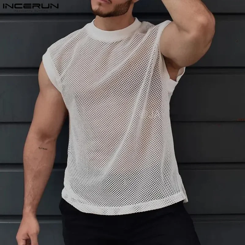 INCERUN Men\'s Tank Tops Mesh Transparent Summer O-neck Sleeveless Male Vests Streetwear 2024 Sexy Fashion Casual Men Clothing