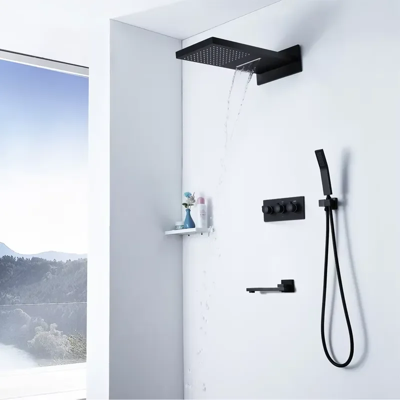HIDEEP Brass Matte Black Wall Mounted Rain&Waterfall Shower Head Hot&Cold Water Bathroom Faucet Set view 2